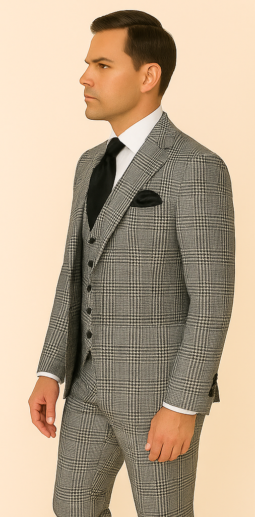 Mens Black and White Plaid Super 150s Wool Suit Pleated Pants Wide Lapel Jacket