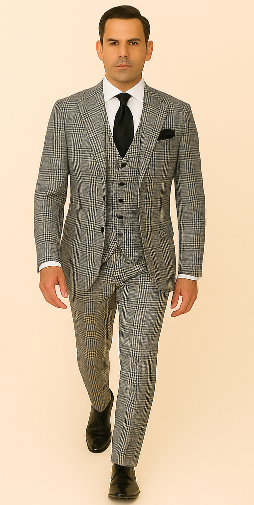 Mens Black and White Plaid Super 150s Wool Suit Pleated Pants Wide Lapel Jacket