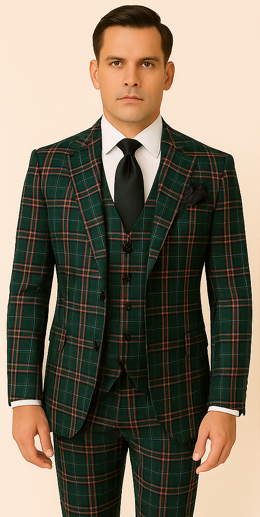 Men’s Green Jacket and Pleated Pants Plaid Super 150’s Wool Suit - 38R