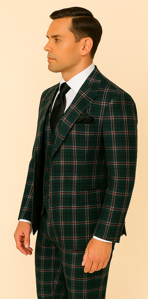 Men’s Green Jacket and Pleated Pants Plaid Super 150’s Wool Suit - 38R