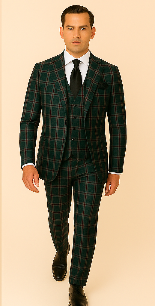 Men’s Green Jacket and Pleated Pants Plaid Super 150’s Wool Suit - 38R