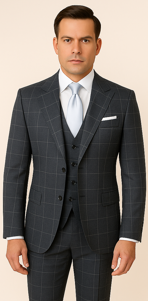 Mens Windowpane Charcoal Super 150s Wool Suit Jacket and Pleated Pants