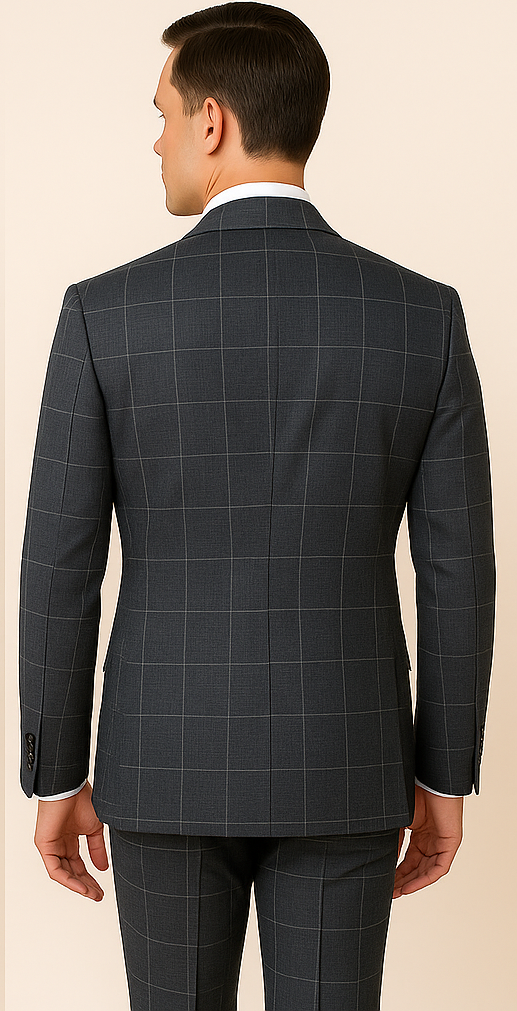 Mens Windowpane Charcoal Super 150s Wool Suit Jacket and Pleated Pants