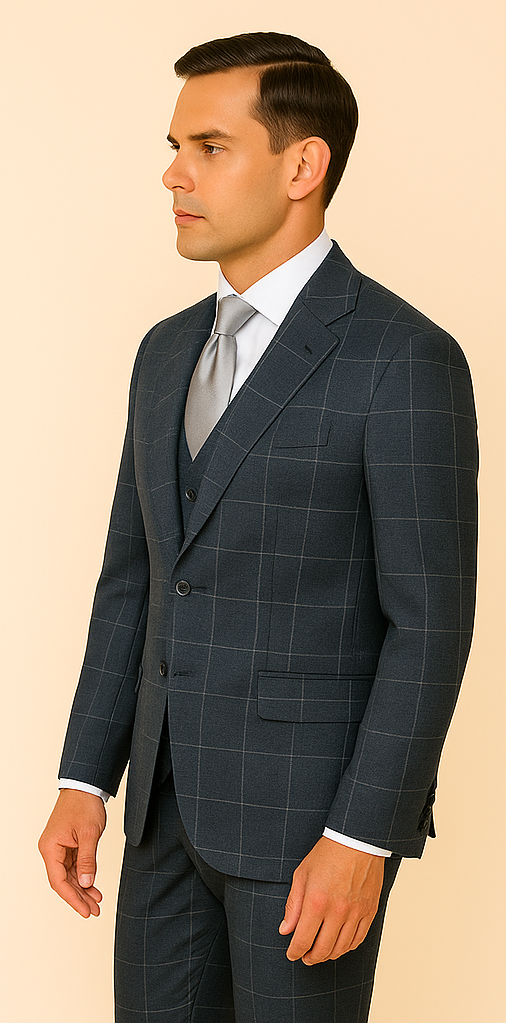 Mens Windowpane Charcoal Super 150s Wool Suit Jacket and Pleated Pants