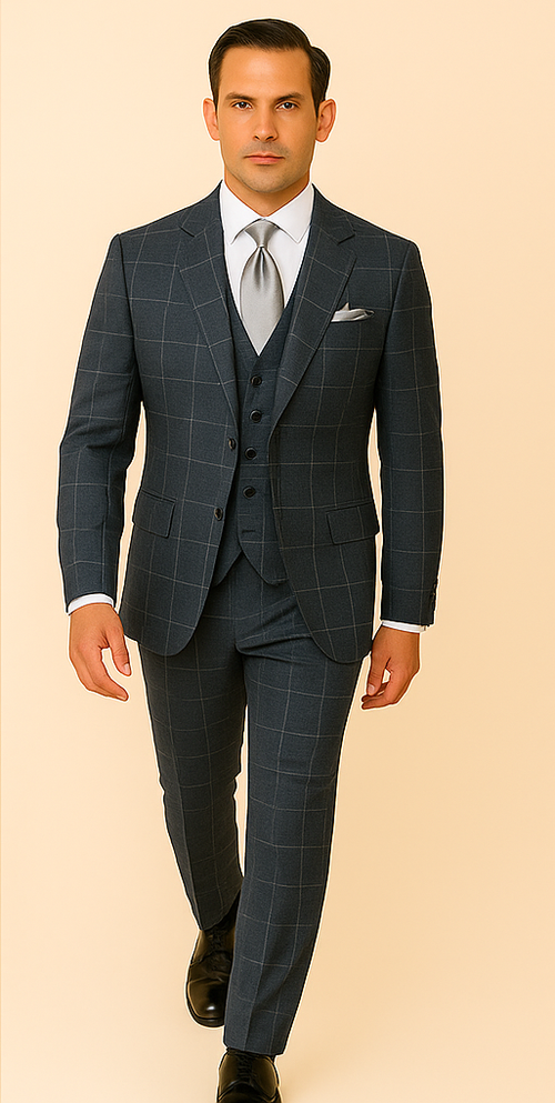 Mens Windowpane Charcoal Super 150s Wool Suit Jacket and Pleated Pants