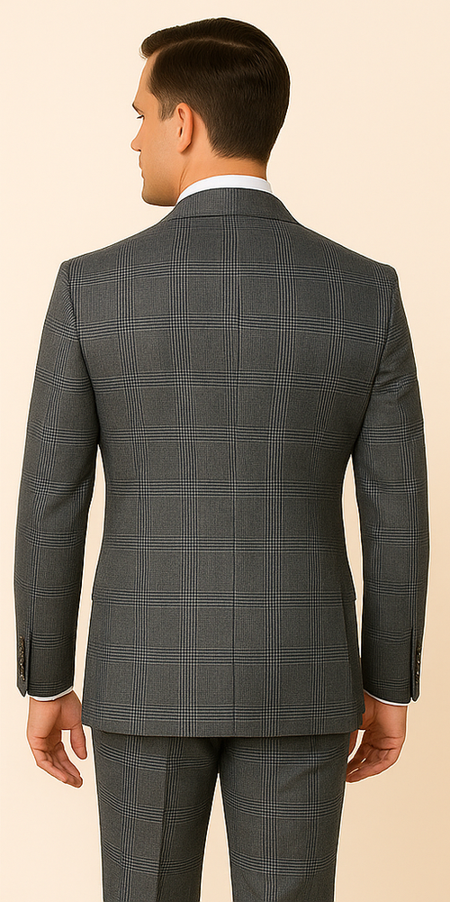 Mens Grey Windowpane Plaid Wool Suit Jacket & Pants Wool Super 150s