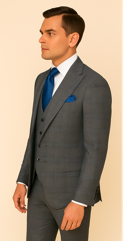 Mens Grey Windowpane Plaid Wool Suit Jacket & Pants Wool Super 150s