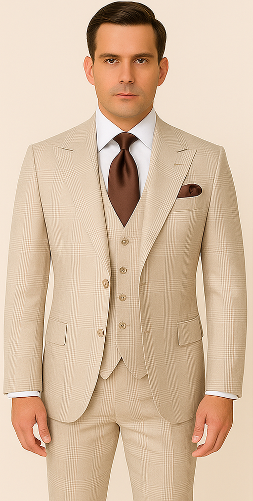 Mens Cream Plaid Super 150s Wool Suit Wide Lapel Jacket and Pleated Pants