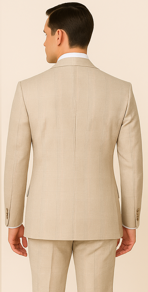 Mens Cream Plaid Super 150s Wool Suit Wide Lapel Jacket and Pleated Pants