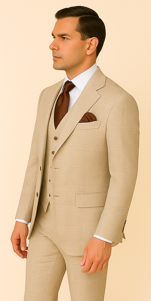 Mens Cream Plaid Super 150s Wool Suit Wide Lapel Jacket and Pleated Pants