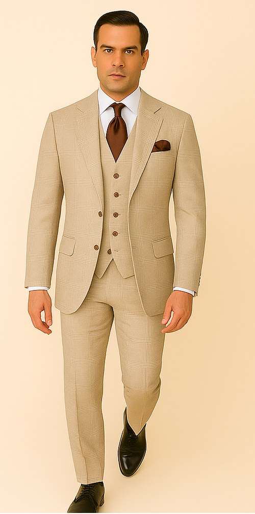 Mens Cream Plaid Super 150s Wool Suit Wide Lapel Jacket and Pleated Pants