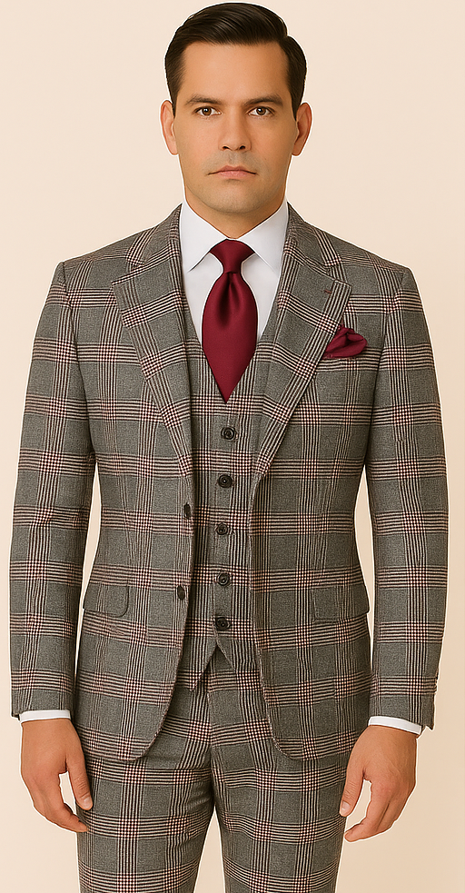 Men’s Grey Glen Plaid Wool Suit Jacket & Pants Super 150’s Classic Tailored Fit - 38R
