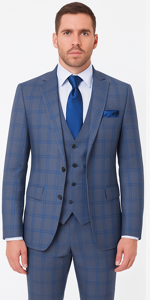 Rossi Man MAX RM1823 Slim Fit 3-Piece Blue Plaid Suit – Tailored for Weddings & Business - 34R