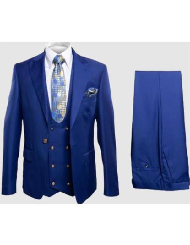 Rossiman Royal Blue Men's Peak Lapel Suit Double Breasted Slim Fit - 38 Short Jacket+32 Waist Adjustable 28to34)(Height: 5 4 to5 7 )(Neck  15-16.5)S-M)