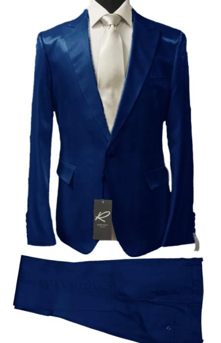 Rossiman Suit - Sateen Suit - Royal Blue Shiny Suit - 38 Short Jacket+32 Waist Adjustable 28to34)(Height: 5 4 to5 7 )(Neck  15-16.5)S-M)