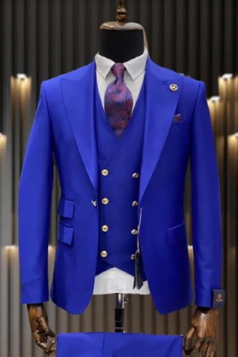 Rossiman Brand Royal Blue Suits - 1 Button Suit Peak Lapel Double Breasted Vest Royal Blue Prom Suits