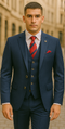 Rossiman Navy Blue Suit for Men – Classic 1-Button Peak Lapel Jacket & Double-Breasted Vest
