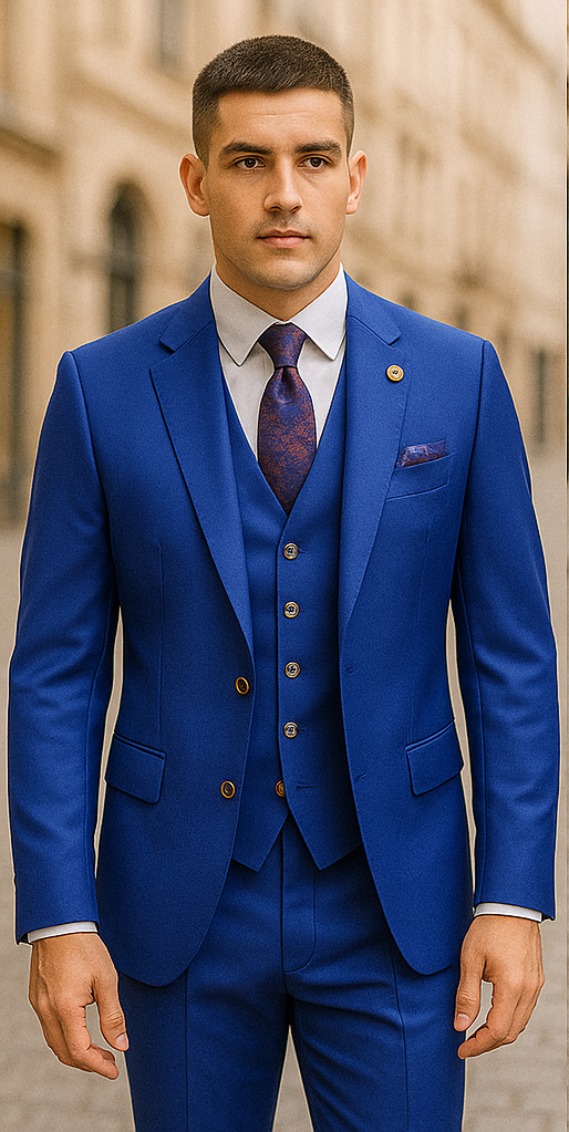Rossiman Royal Blue Suit for Men – Classic 1-Button Peak Lapel Jacket & Double-Breasted Vest - 36 Regular Jacket+30 Waist Adjustable 26to32)Height: 5'7"-6')(Neck: 14.5-16:S)
