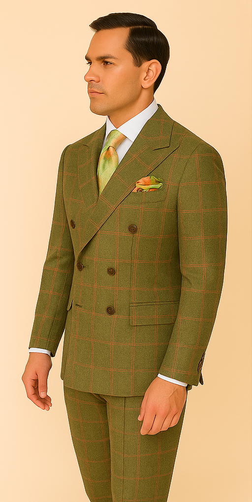 Rossiman Suit – Sage Green & Burnt Orange Windowpane Plaid Double-Breasted Suit - 38 Short Jacket+32 Waist Adjustable 28to34)(Height: 5 4 to5 7 )(Neck  15-16.5)S-M)