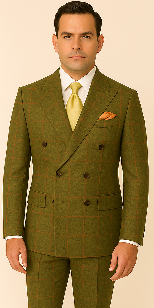 Rossiman Suit â€“ Sage Green & Burnt Orange Windowpane Plaid Double-Breasted Suit - 38 Short Jacket+32 Waist Adjustable 28to34)(Height: 5 4 to5 7 )(Neck  15-16.5)S-M)