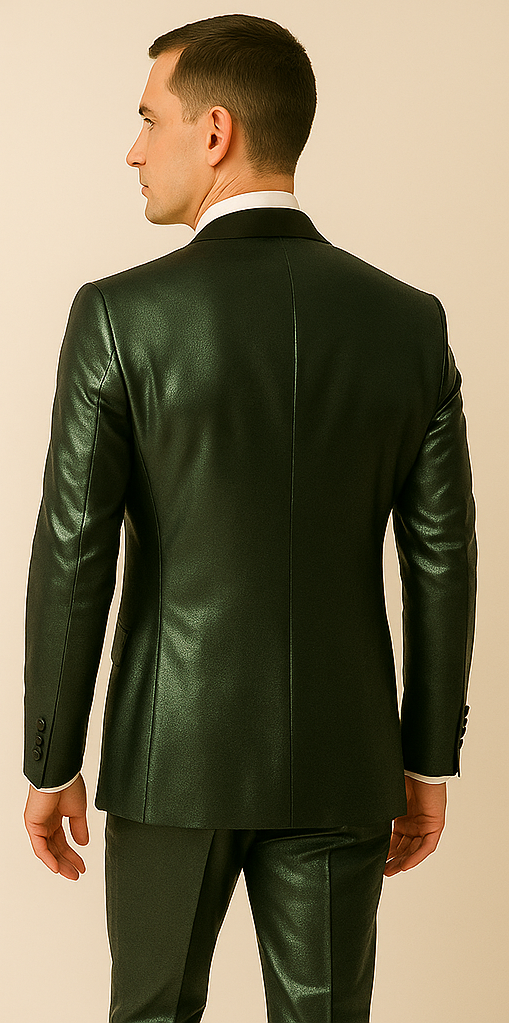 Rossiman Men’s Green Sateen Suit – Glossy Finish with Modern Flair - 38 Short Jacket+32 Waist Adjustable 28to34)(Height: 5’4”to5’7”)(Neck 15-16.5)S-M)
