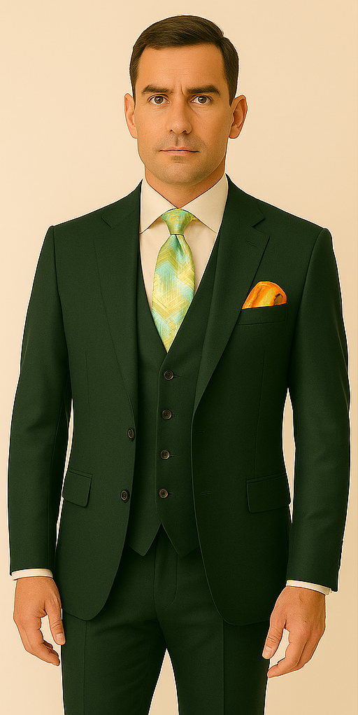 Rossiman Hunter Green Slim Fit Men's Suit – 3-Piece Vested Set with Flat Front Trousers - 38 Short Jacket+32 Waist Adjustable 28to34)(Height: 5’4”to5’7”)(Neck 15-16.5)S-M)