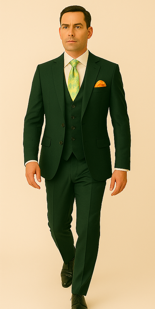 Rossiman Hunter Green Slim Fit Men's Suit – 3-Piece Vested Set with Flat Front Trousers - 38 Short Jacket+32 Waist Adjustable 28to34)(Height: 5’4”to5’7”)(Neck 15-16.5)S-M)