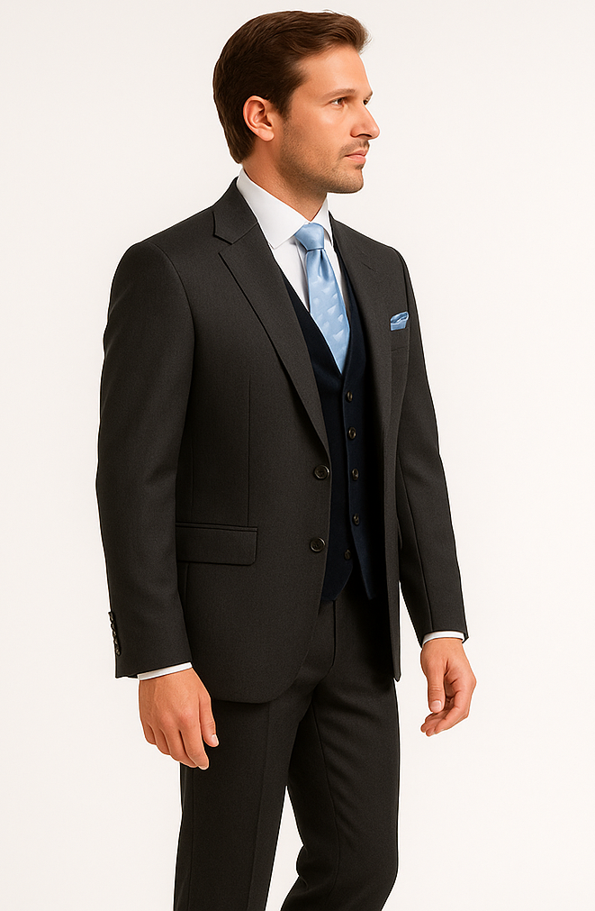 Rossiman Men's Dark Gray Slim Fit Suit – 3-Piece Vested Set with Flat Front Pants - 38 Short Jacket+32 Waist Adjustable 28to34)(Height: 5’4”to5’7”)(Neck 15-16.5)S-M)