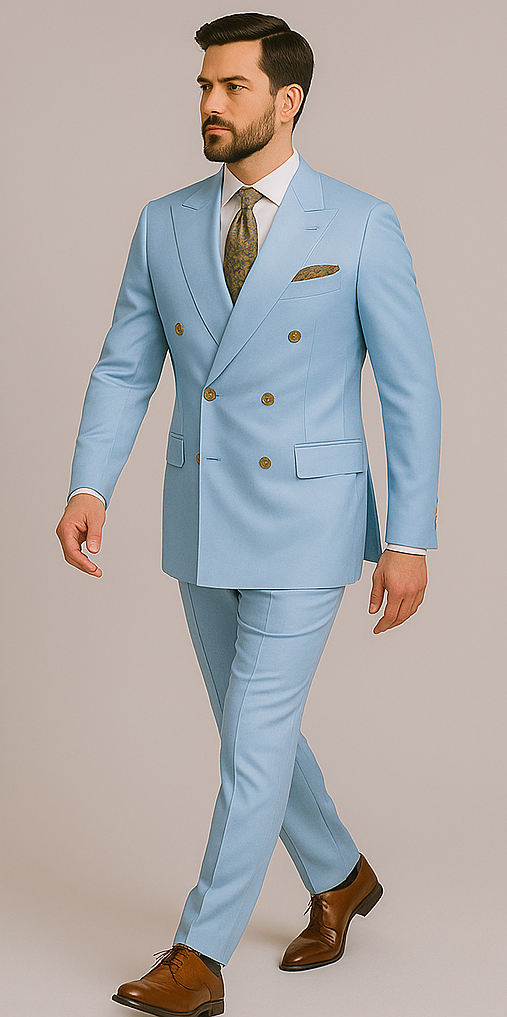 Rossiman Men’s Light Blue Slim Fit Suit – Elegant Double-Breasted Design - 36 Regular Jacket+30 Waist Adjustable 26to32)Height: 5'7"-6')(Neck: 14.5-16:S)