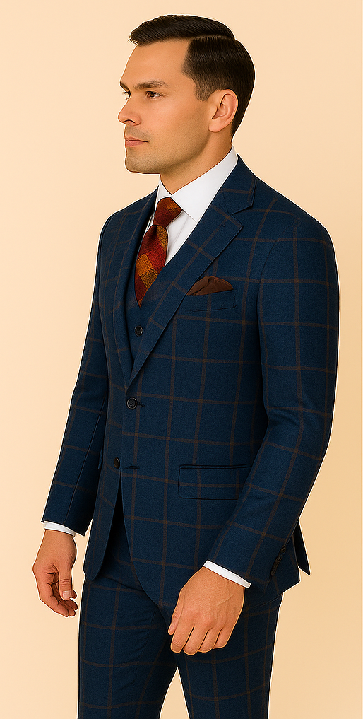 Rossiman Men’s Navy & Gray Plaid Suit – Classic Windowpane Double-Breasted Design - 38 Short Jacket+32 Waist Adjustable 28to34)(Height: 5 4 to5 7 )(Neck  15-16.5)S-M)