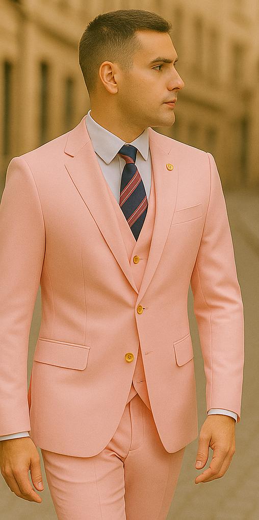 Rossiman Men's Pink Suit â€“ 1-Button Peak Lapel Jacket & Double-Breasted Vest