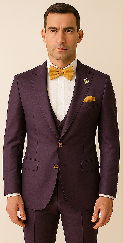 Rossiman Men’s Plum Purple Suit – Gold Buttoned Double-Breasted Elegance