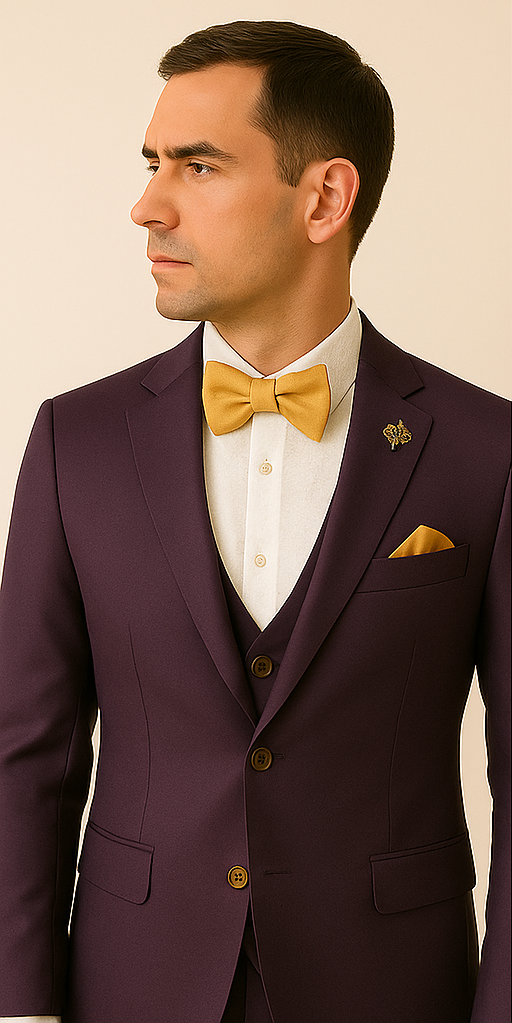 Rossiman Men’s Plum Purple Suit – Gold Buttoned Double-Breasted Elegance - 38 Short Jacket+32 Waist Adjustable 28to34)(Height: 5’4”to5’7”)(Neck 15-16.5)S-M)