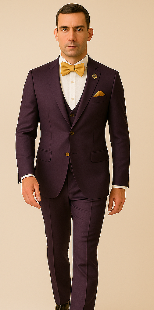 Rossiman Men’s Plum Purple Suit – Gold Buttoned Double-Breasted Elegance - 38 Short Jacket+32 Waist Adjustable 28to34)(Height: 5’4”to5’7”)(Neck 15-16.5)S-M)