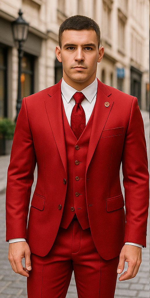 Rossiman Men's Red Suit â€“ Stylish 1-Button Peak Lapel Jacket & Double-Breasted Vest - 34 Short or Extra Small