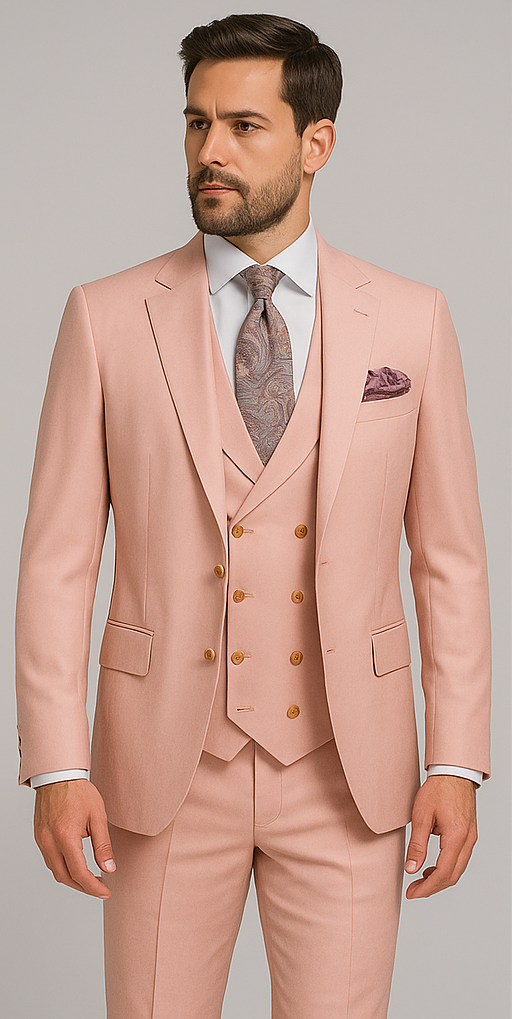 Rossiman Men's Slim Fit Pink Suit – Elegant Double-Breasted Vest & Tailored Flat Front Pants - 36 Regular Jacket+30 Waist Adjustable 26to32)Height: 5'7"-6')(Neck: 14.5-16:S)