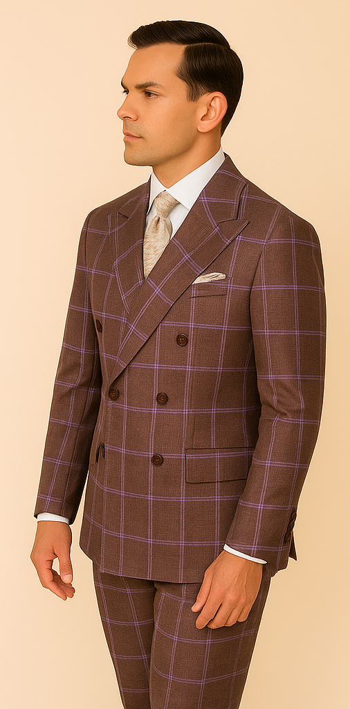 Rossiman Plaid Suit – Gray & Lavender Textured Windowpane Double-Breasted Suit - 34 Short or Extra Small