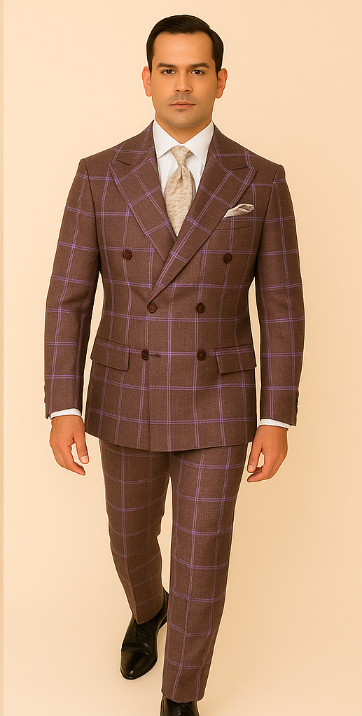 Rossiman Plaid Suit – Gray & Lavender Textured Windowpane Double-Breasted Suit - 34 Short or Extra Small