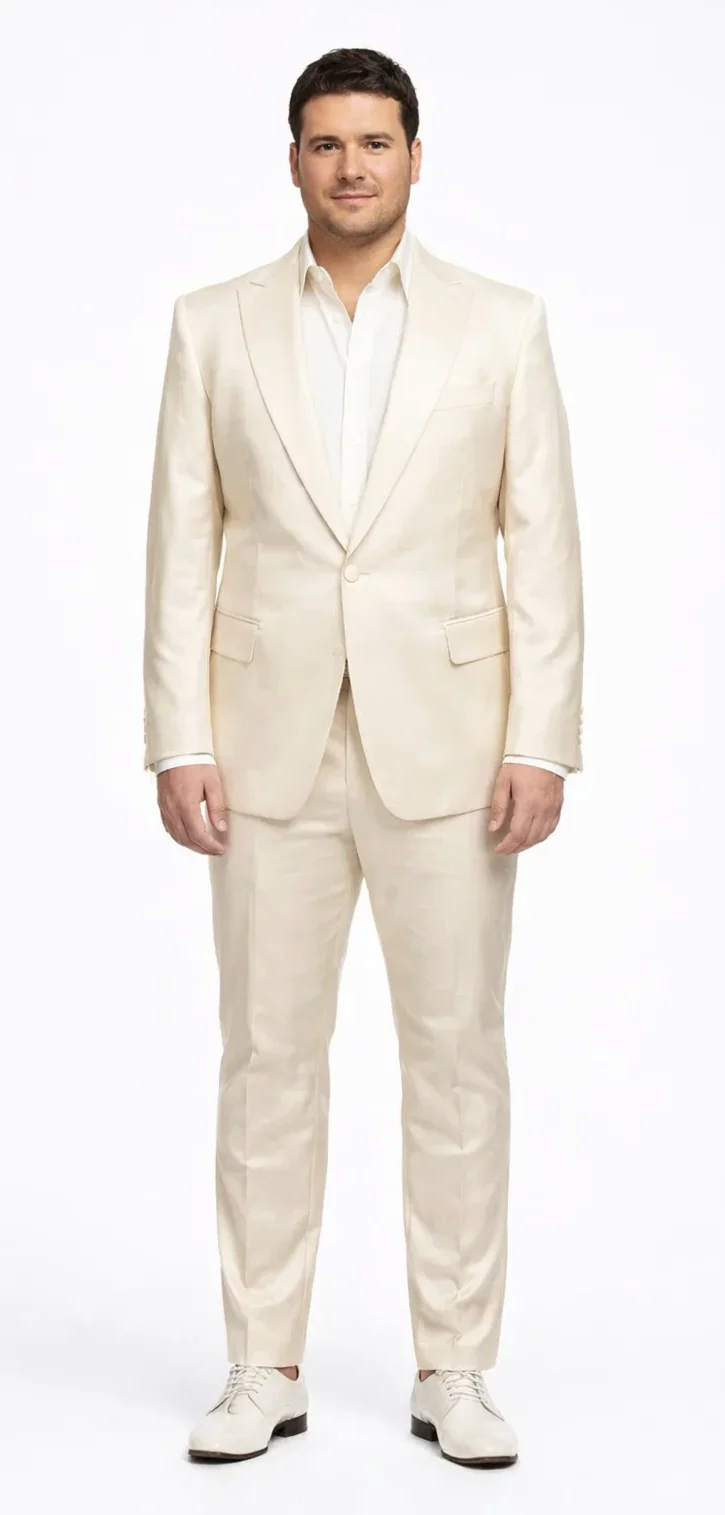 Rossiman Men’s Cream Sateen Suit – Elegant Glossy Formalwear - 38 Short Jacket+32 Waist Adjustable 28to34)(Height: 5’4”to5’7”)(Neck 15-16.5)S-M)