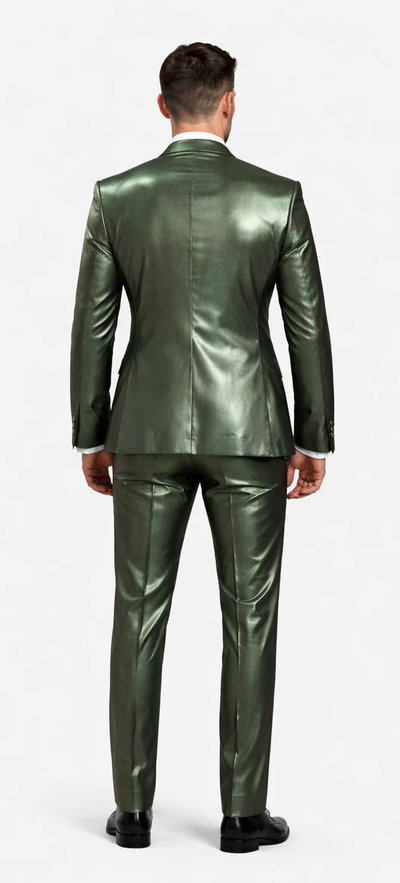 Rossiman Men’s Green Sateen Suit – Glossy Finish with Modern Flair