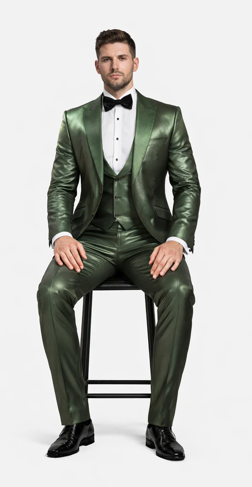 Rossiman Men’s Green Sateen Suit – Glossy Finish with Modern Flair