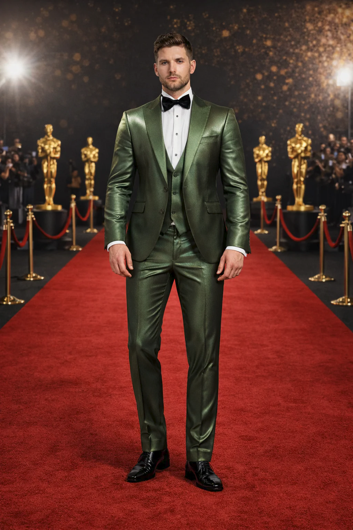 Rossiman Men’s Green Sateen Suit – Glossy Finish with Modern Flair