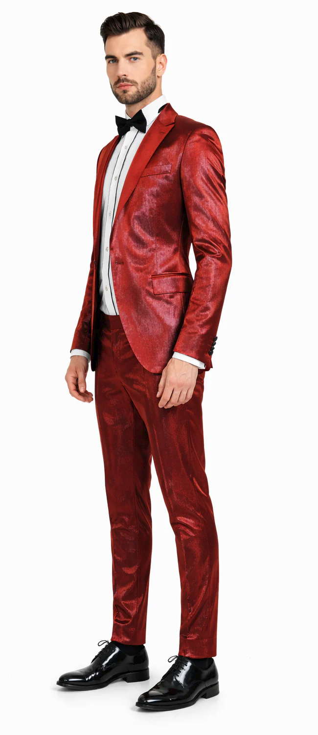 Rossiman Men’s Red Sateen Suit – Glossy Finish Bold Formalwear - 38 Short Jacket+32 Waist Adjustable 28to34)(Height: 5’4”to5’7”)(Neck 15-16.5)S-M)