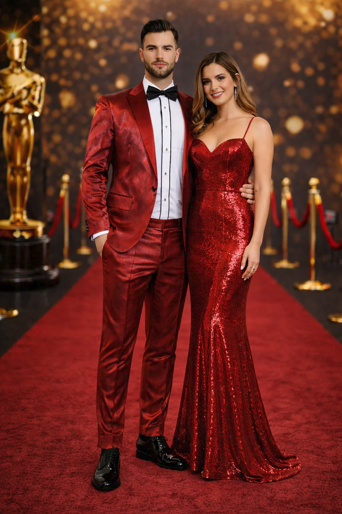 Rossiman Men’s Red Sateen Suit – Glossy Finish Bold Formalwear