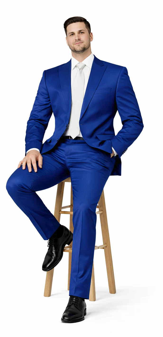 Rossiman Men’s Royal Blue Glossy Sateen Suit – Bold & Refined Look - 38 Short Jacket+32 Waist Adjustable 28to34)(Height: 5’4”to5’7”)(Neck 15-16.5)S-M)