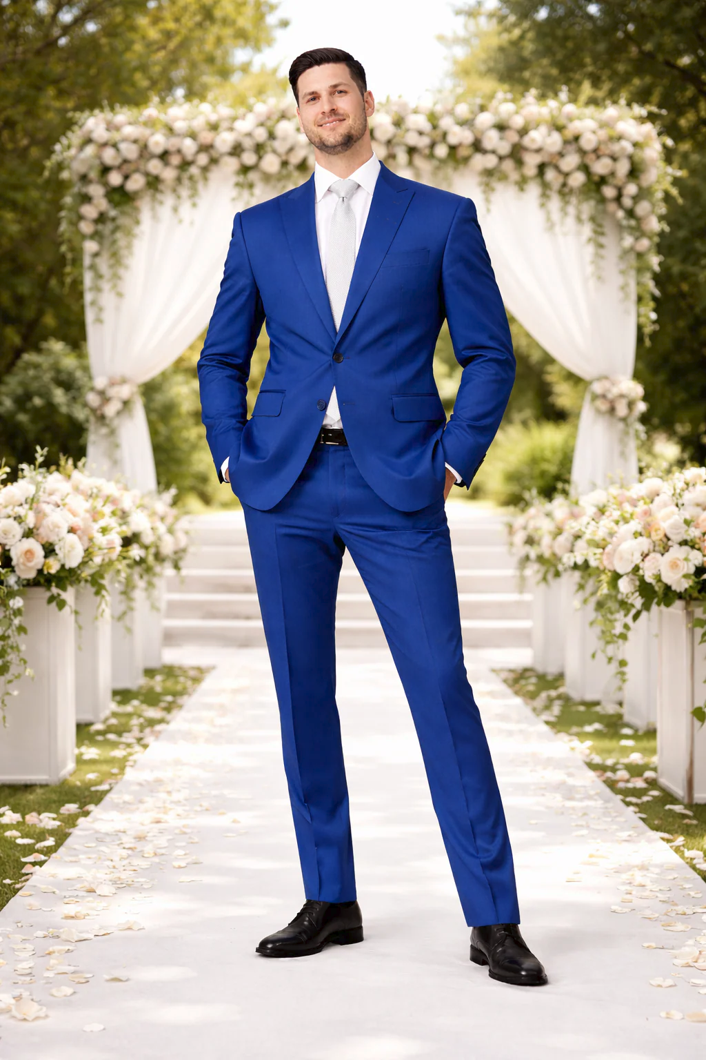Rossiman Men’s Royal Blue Glossy Sateen Suit – Bold & Refined Look - 38 Short Jacket+32 Waist Adjustable 28to34)(Height: 5’4”to5’7”)(Neck 15-16.5)S-M)