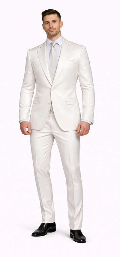 Rossiman White Sateen Suit for Men – High-Shine Formal Elegance