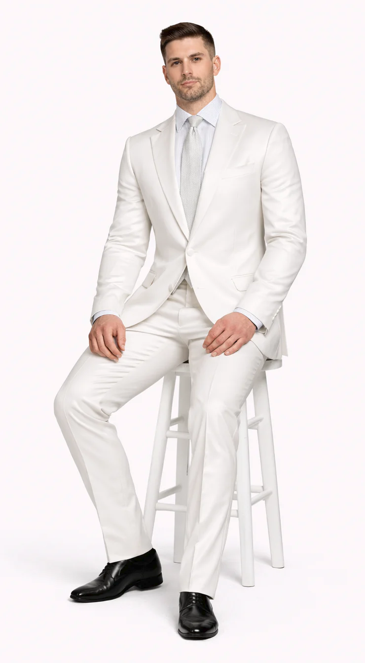 Rossiman White Sateen Suit for Men – High-Shine Formal Elegance