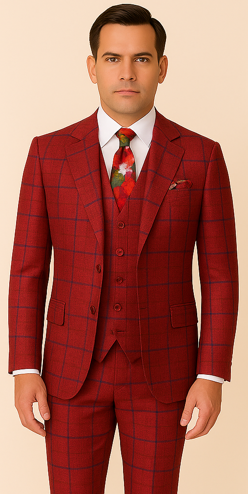 Rossiman Suit – Red Plaid Windowpane Double-Breasted Suit for Men - 34 Short or Extra Small