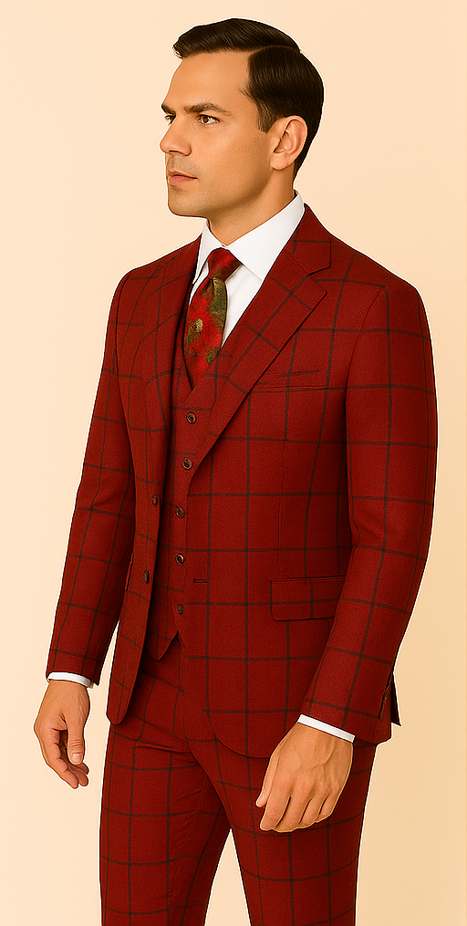 Rossiman Suit – Red Plaid Windowpane Double-Breasted Suit for Men - 34 Short or Extra Small